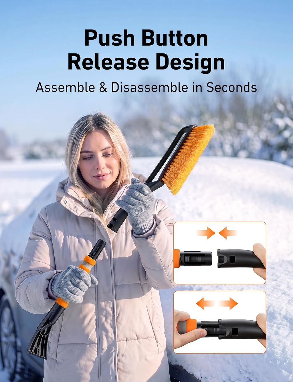 27" 2-In-1 Detachable Snow Brush & Ice Scrapers for Car Windshield