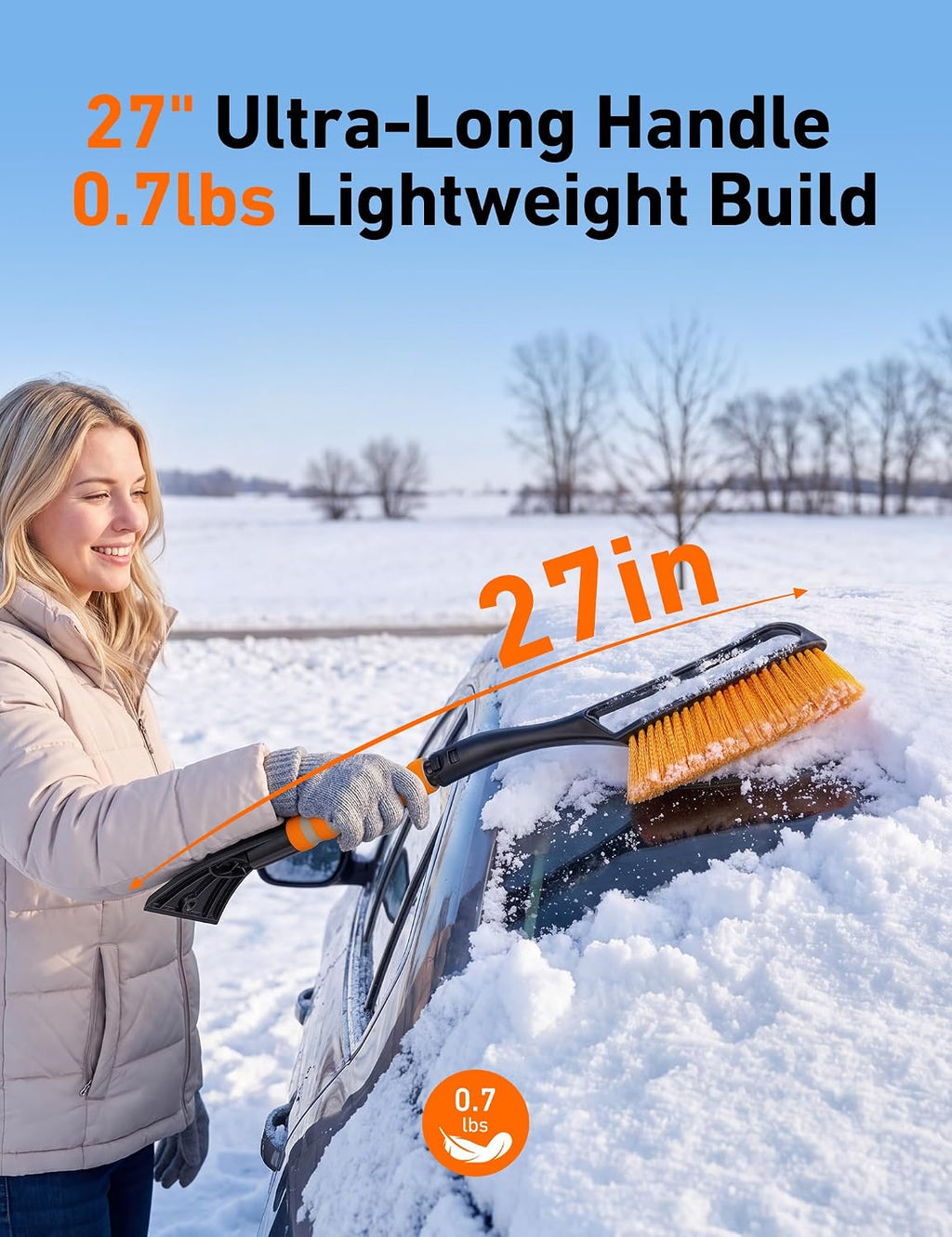 27" 2-In-1 Detachable Snow Brush & Ice Scrapers for Car Windshield