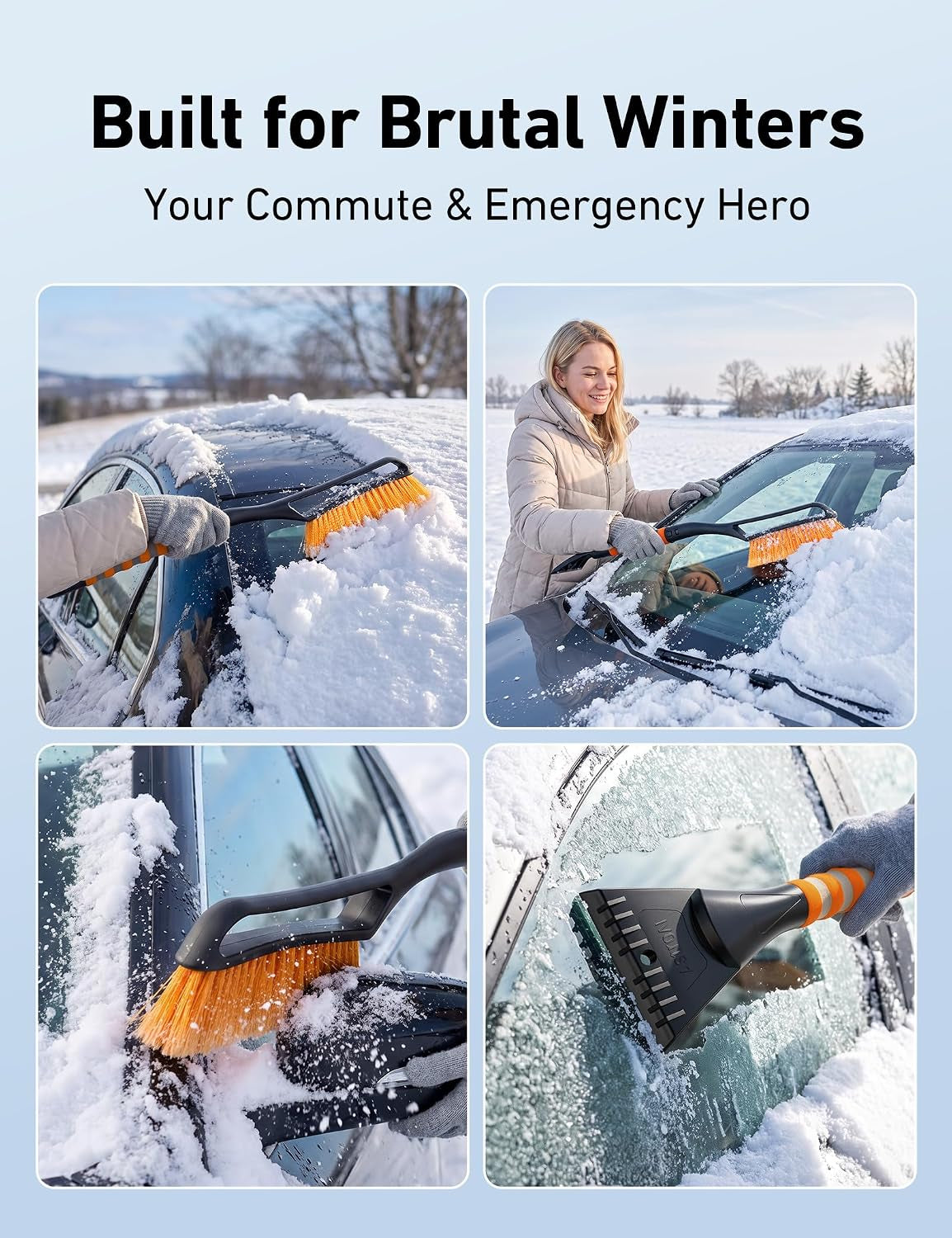27" 2-In-1 Detachable Snow Brush & Ice Scrapers for Car Windshield